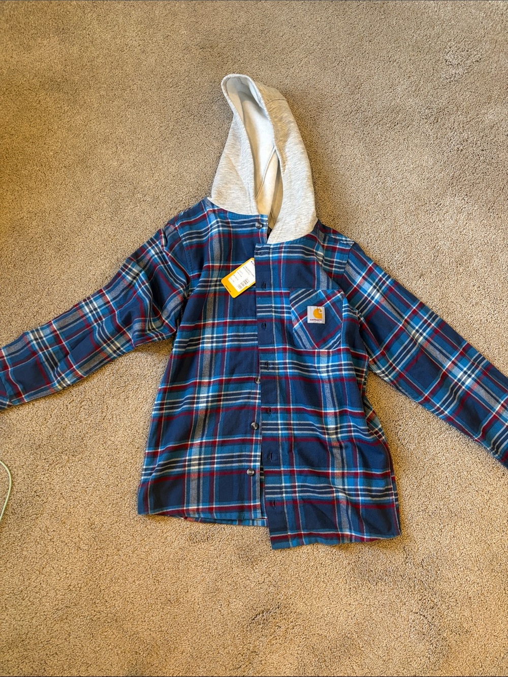 New! Carhartt Kids Navy Blue Plaid Hooded Flannel Shirt